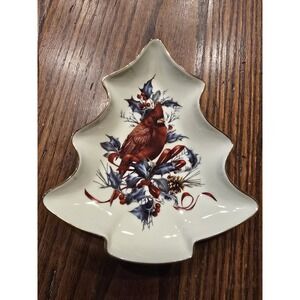 Lenox Winter Greetings Tree Shaped Candy Dish Cardinal Christmas Winter EUC